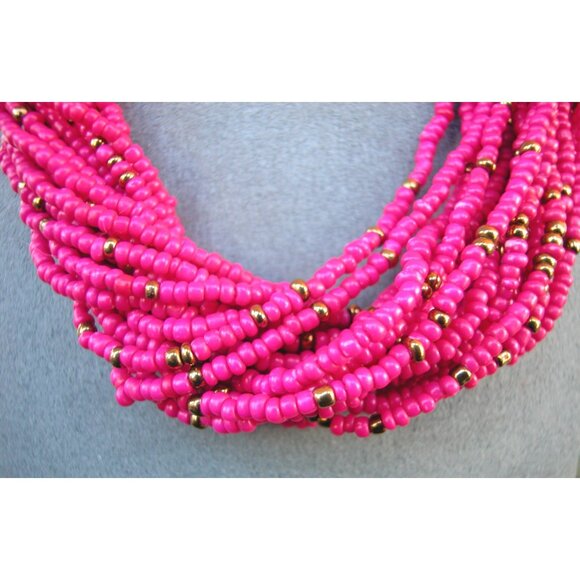 20 Strand Pink Seed Beads Necklace With Gold Bead Accents - Picture 2 of 3